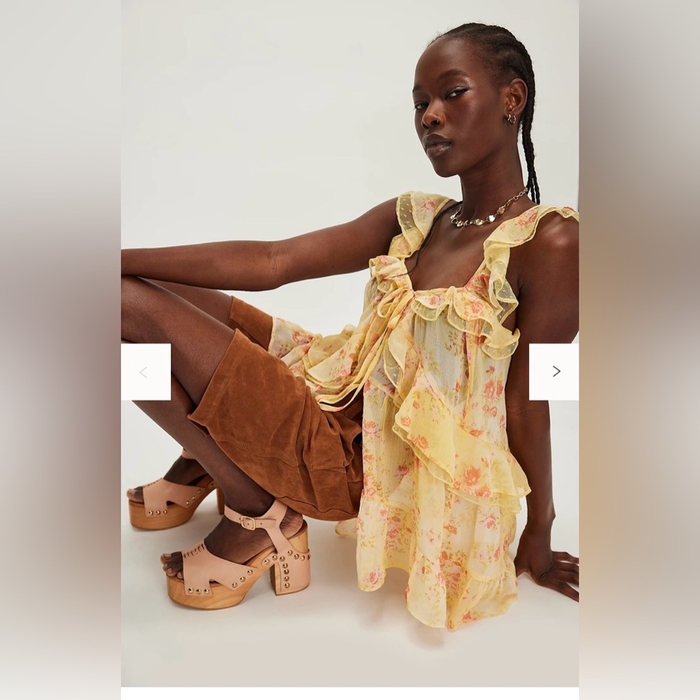 Free People Yellow Floral Ruffle Tie-Front Camisole